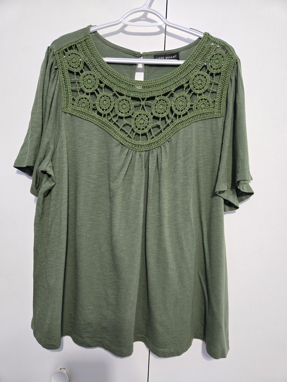 Lane Bryant Olive Crochet Yoke Short Sleeve‎ Top
